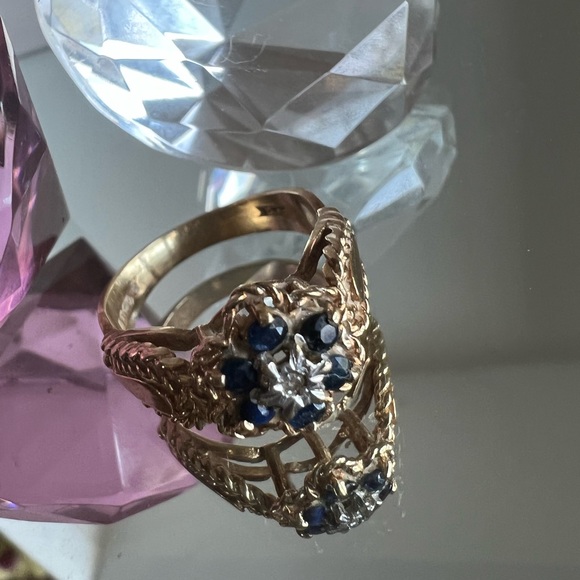 Vtg 10k yellow gold sapphire diamond Italian ring⭐️ - Picture 3 of 13
